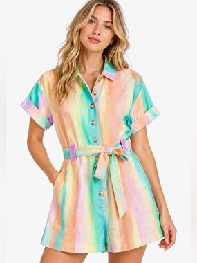Current Air Pastel Watercolor Belted Button Front Romper NWOT S